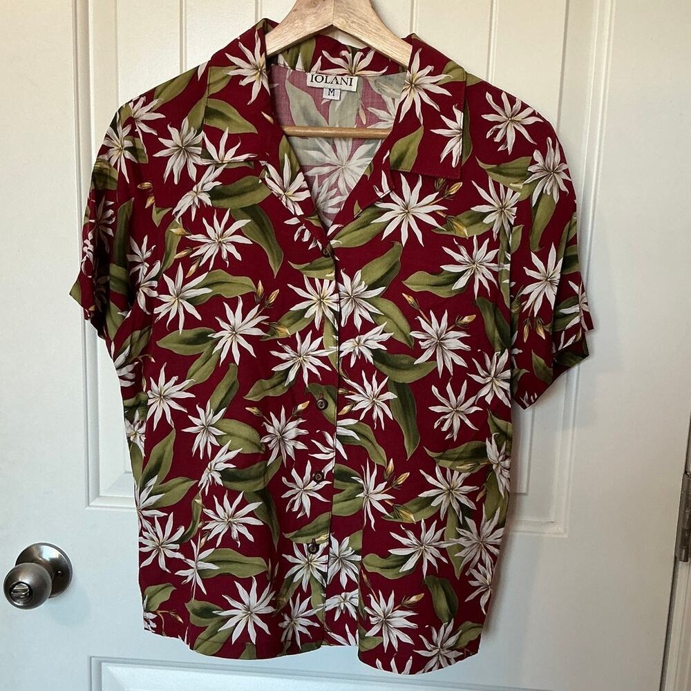 Vintage Iolani Jasmin Print Women's Hawaiian Shirt Medium  Red/White